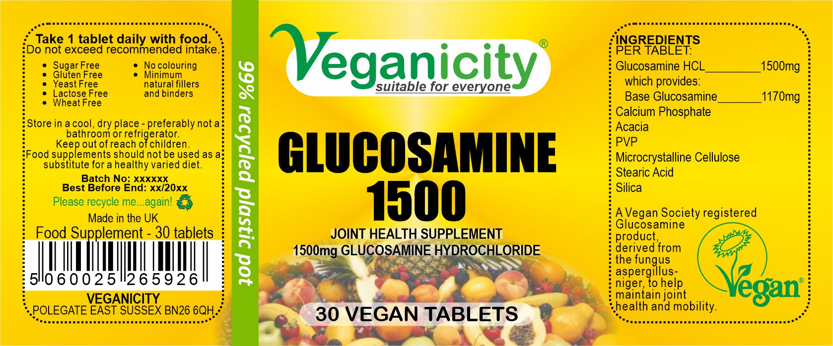 Veganicity > Bone & Joint Health > Glucosamine HCL 1500mg